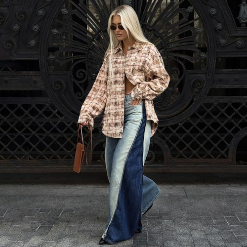 Oversized shirt for women with a casual check pattern and split sleeves Amarae