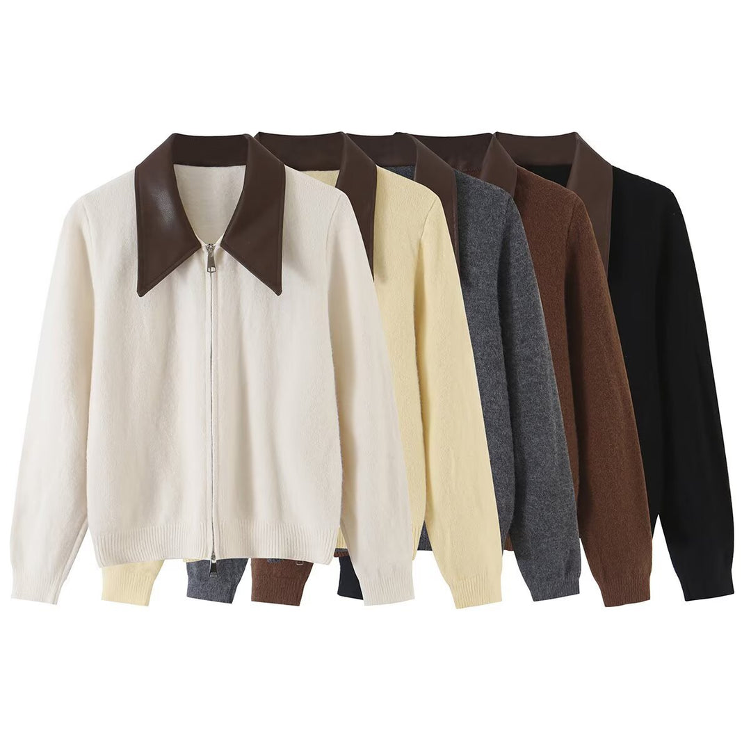Women Short Wool Blend Cardigan with Zipper and Contrasting Faux Leather Collar Amarae