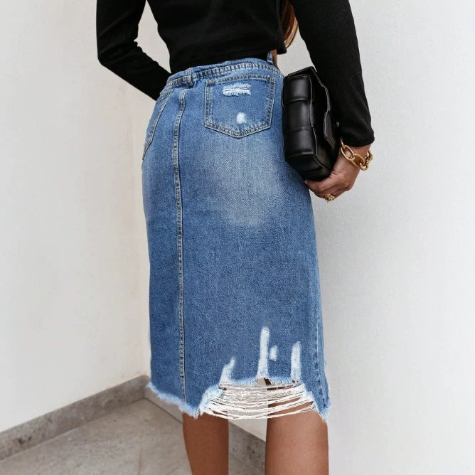 Women's High-Waisted Destroyed Denim Midi Skirt with Center Front Slit and Frayed Hem Amarae