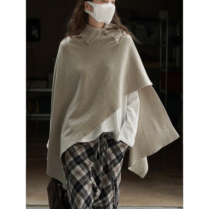 Women's Asymmetrical Knit Poncho with Button Collar and Oversized Silhouette Amarae