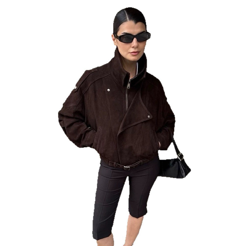 Women Short Velour Leather Bomber Jacket with High Stand-Up Collar and Waist Belt Amarae