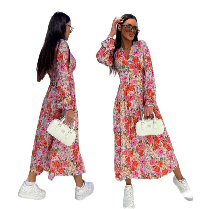 Elegant maxi dresses for women with floral patterns and button details Lune London