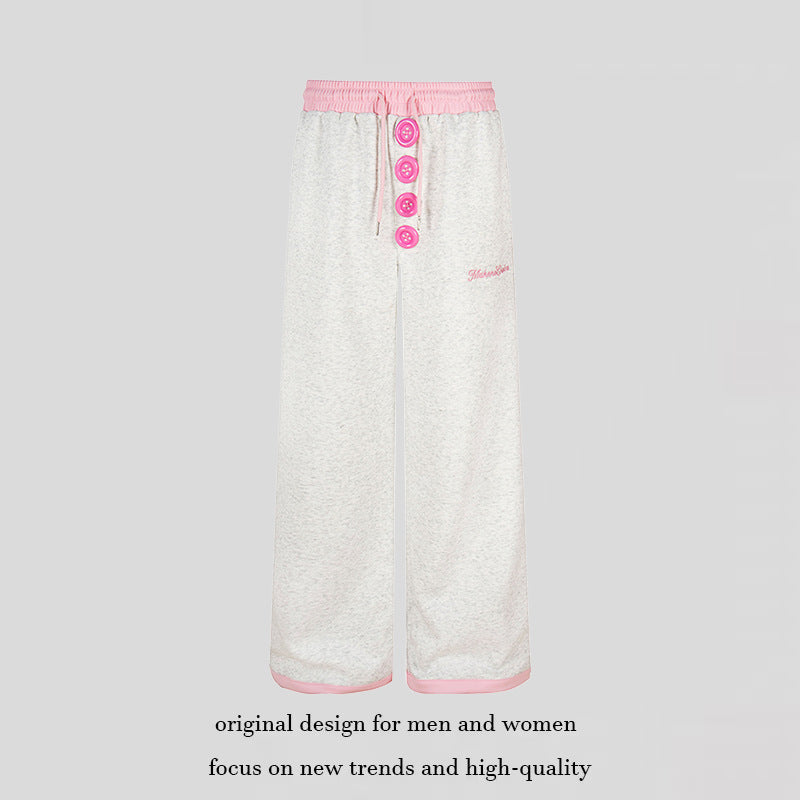 Women Wide Lounge Pants with Decorative Button Placket, High Waist and Drawstring Amarae