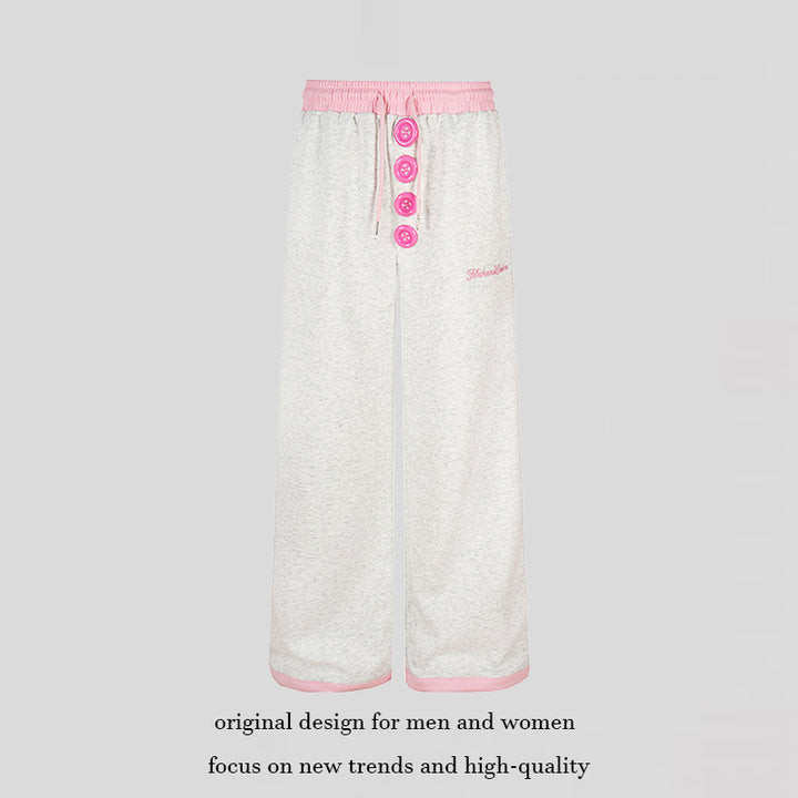 Women Wide Lounge Pants with Decorative Button Placket, High Waist and Drawstring Amarae