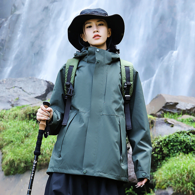 Women’s technical multi-layer hardshell rain jacket with adjustable hood, chest strap, and water-resistant zippers Amarae