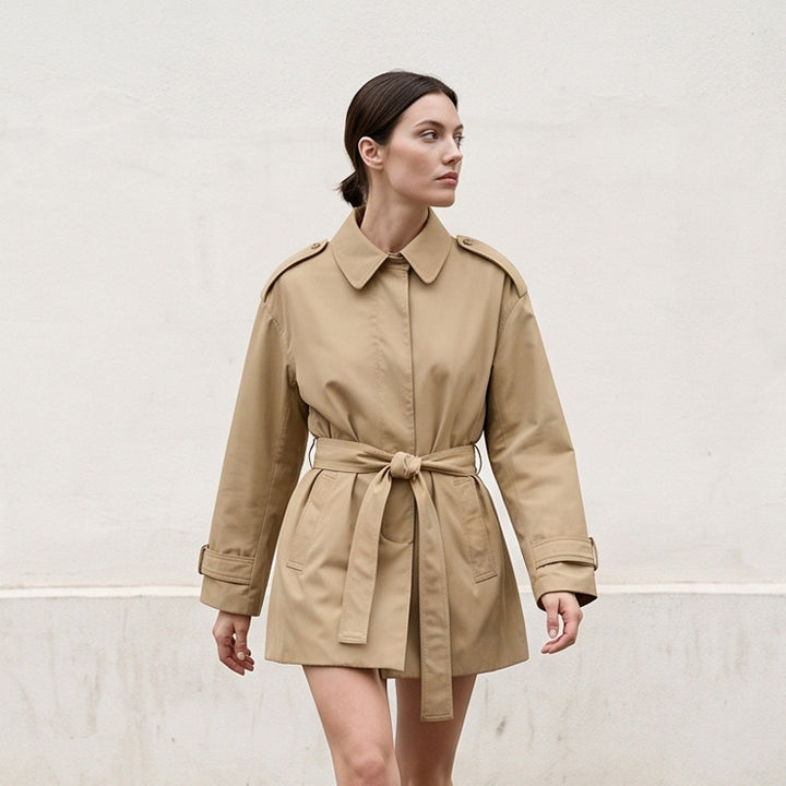 Women's short trench coat with waist belt, shoulder flaps, and adjustable cuffs Amarae