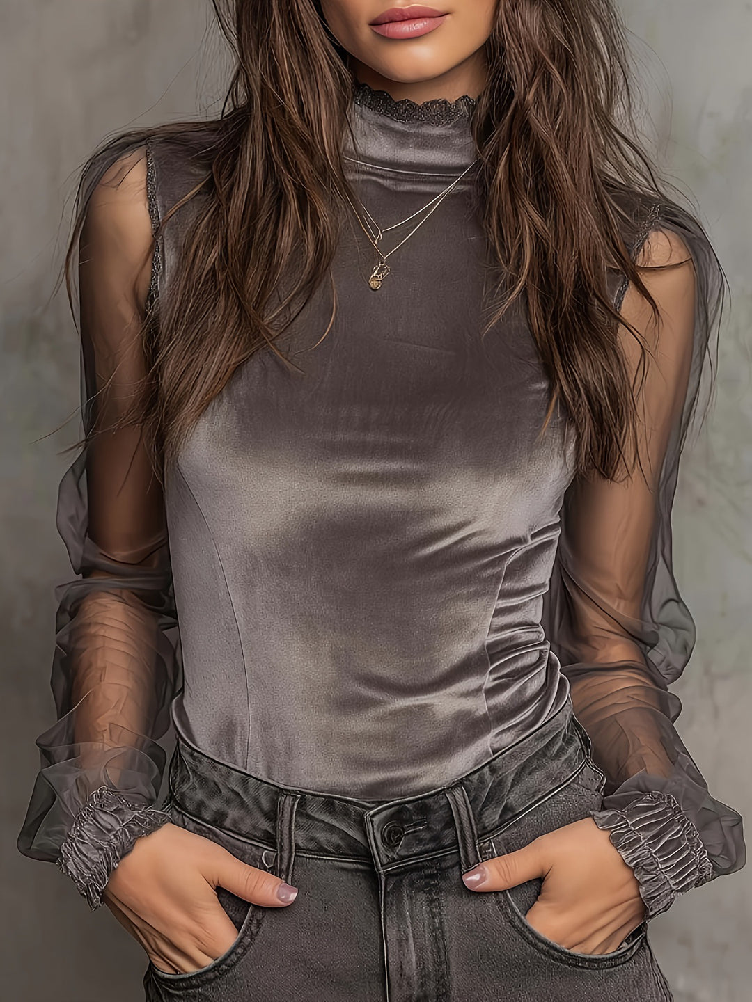 Women Elegant Top with Transparent Puff Sleeves and Lace Collar Lune London