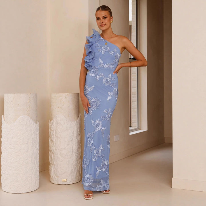 Elegant evening dress for women with asymmetric strap and floral appliqués Chic & Stil