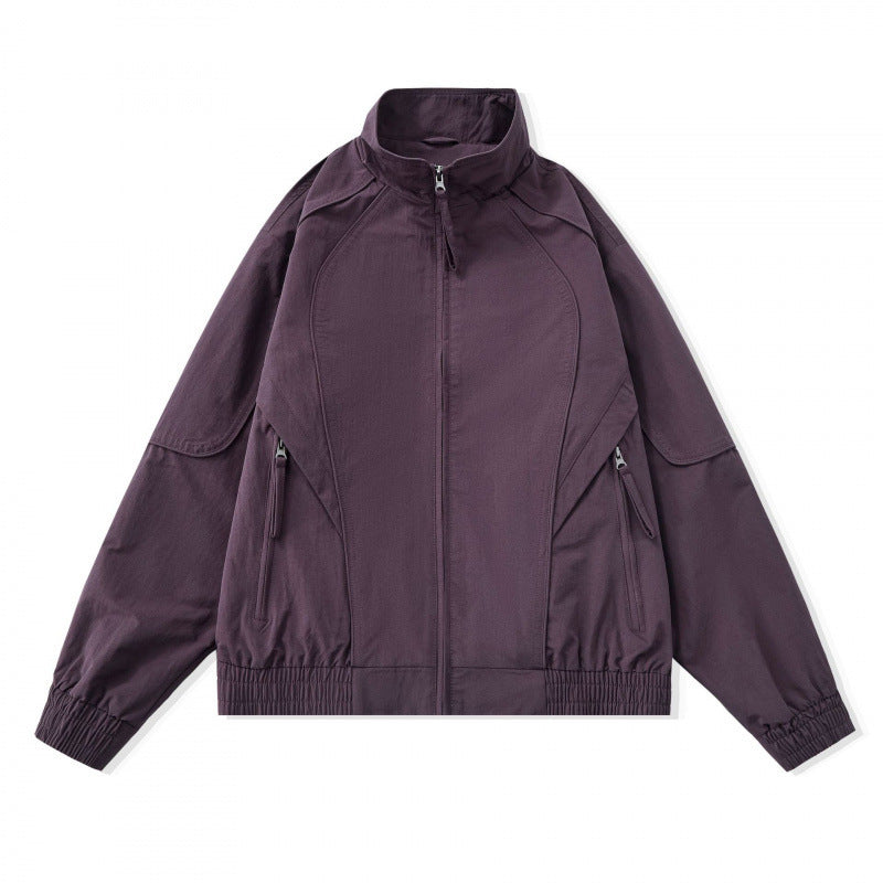 [Unisex] Lightweight Boxy Transitional Jacket with Stand Collar, Raglan Sleeves, and Zipper Pockets Amarae