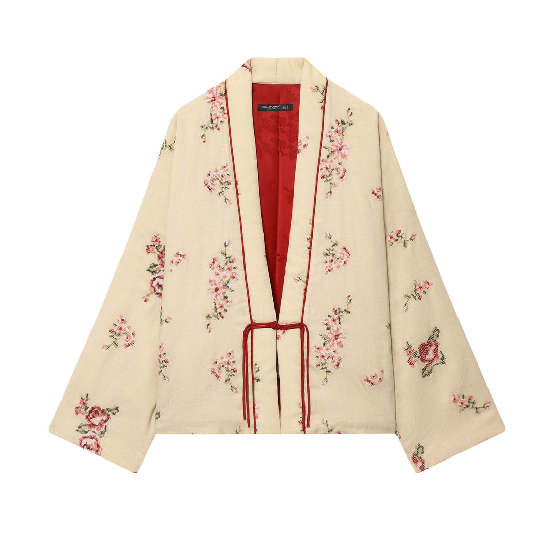 Lady Kimono with floral embroidery and elegant belt at the waist Lune London