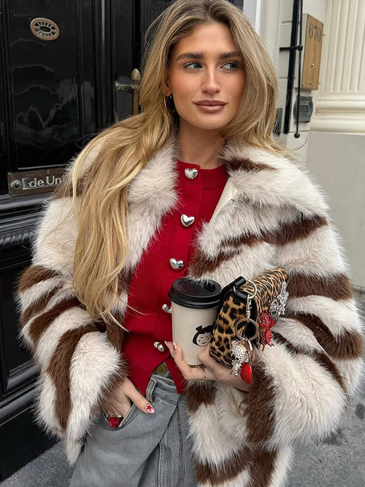 Women Striped Oversize Faux Fur Coat with Short Boxy Cut Amarae