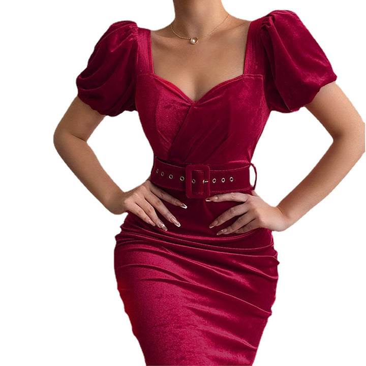 Fitted evening dress for women with puff sleeves and waist belt Lune London