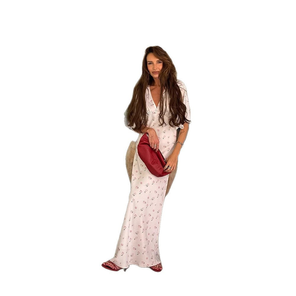Women’s maxi dress made of satin with wrap top, V-neck & voluminous puff sleeves Amarae
