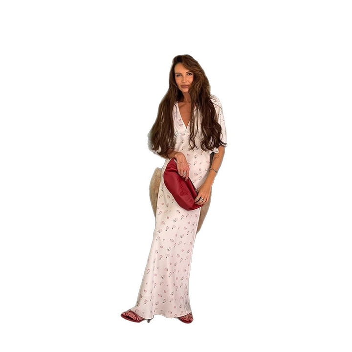 Women’s maxi dress made of satin with wrap top, V-neck & voluminous puff sleeves Amarae