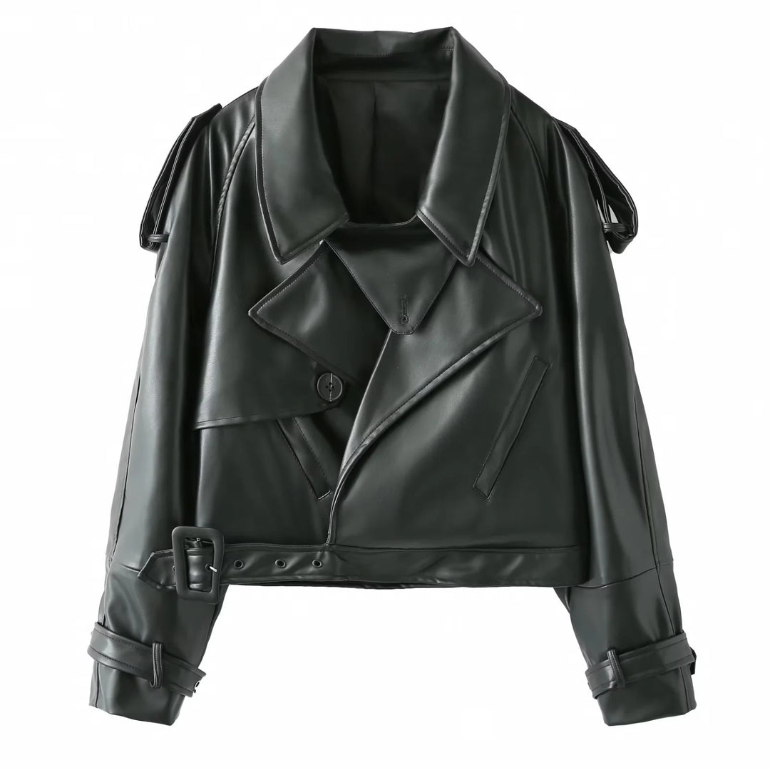 Faux leather biker jacket for women with a trendy cropped design, adjustable belt, and decorative buttons Lune London