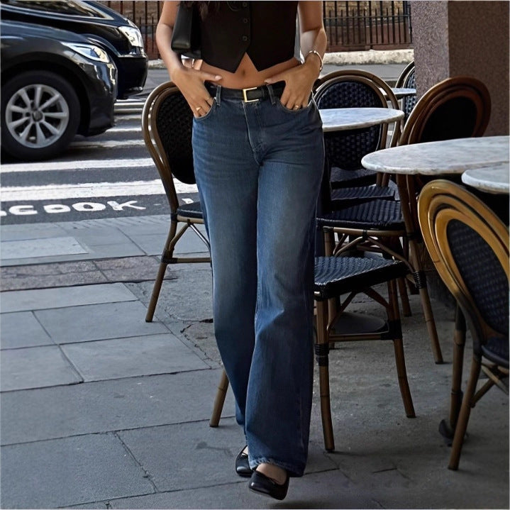 Ladies High-Waisted Wide-Leg Denim Jeans with Straight Hem and Light Used Effect Amarae