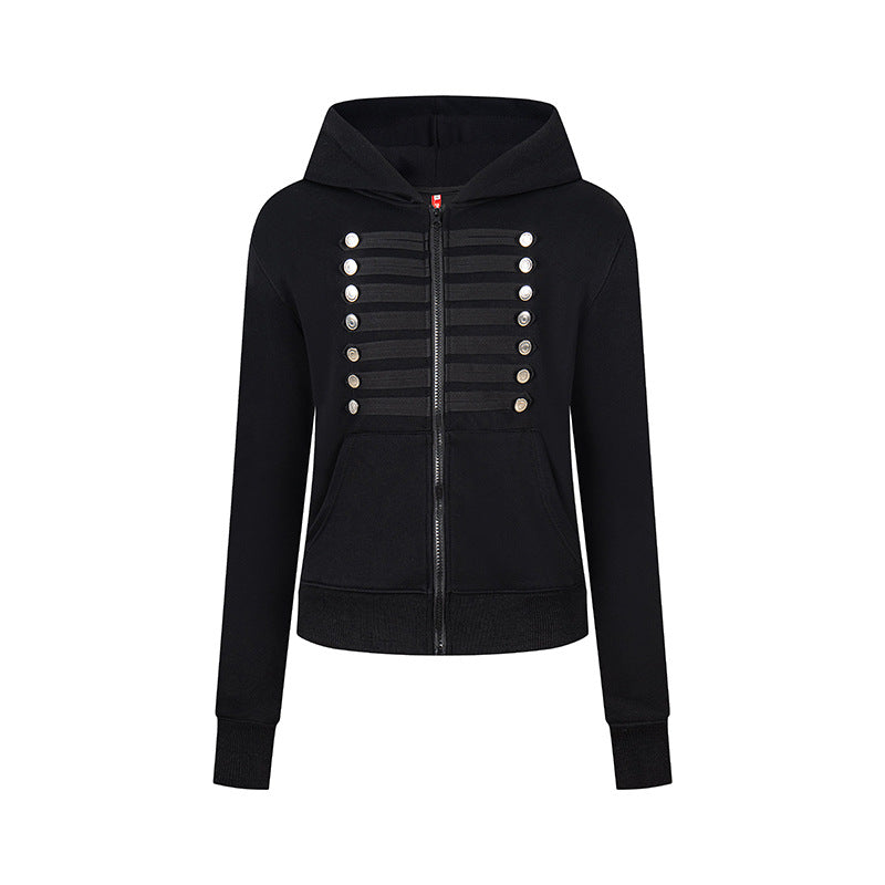 Women's hooded sweatshirt jacket with decorative military braid trim and decorative buttons Amarae