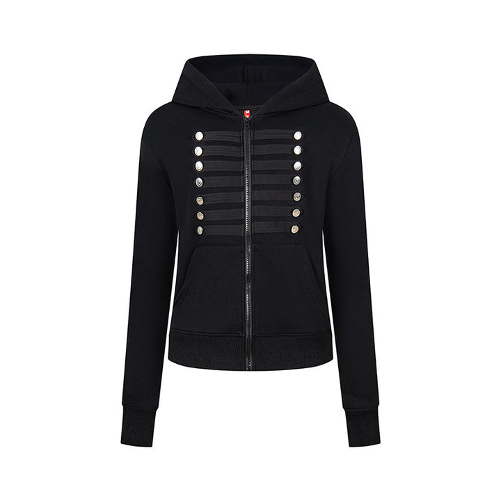 Women's hooded sweatshirt jacket with decorative military braid trim and decorative buttons Amarae