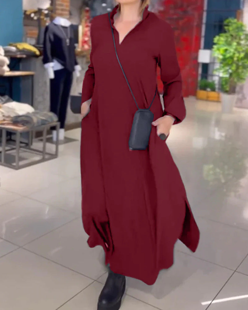 Elegant Lady long shirt dress with practical side pockets and chic collar