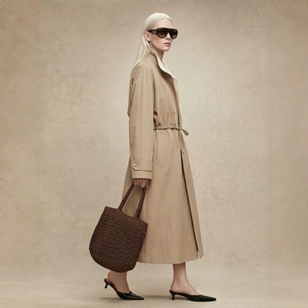 Women Tailored Coat in Trenchcoat Style with Drawstring Waist and Contrast Collar Amarae