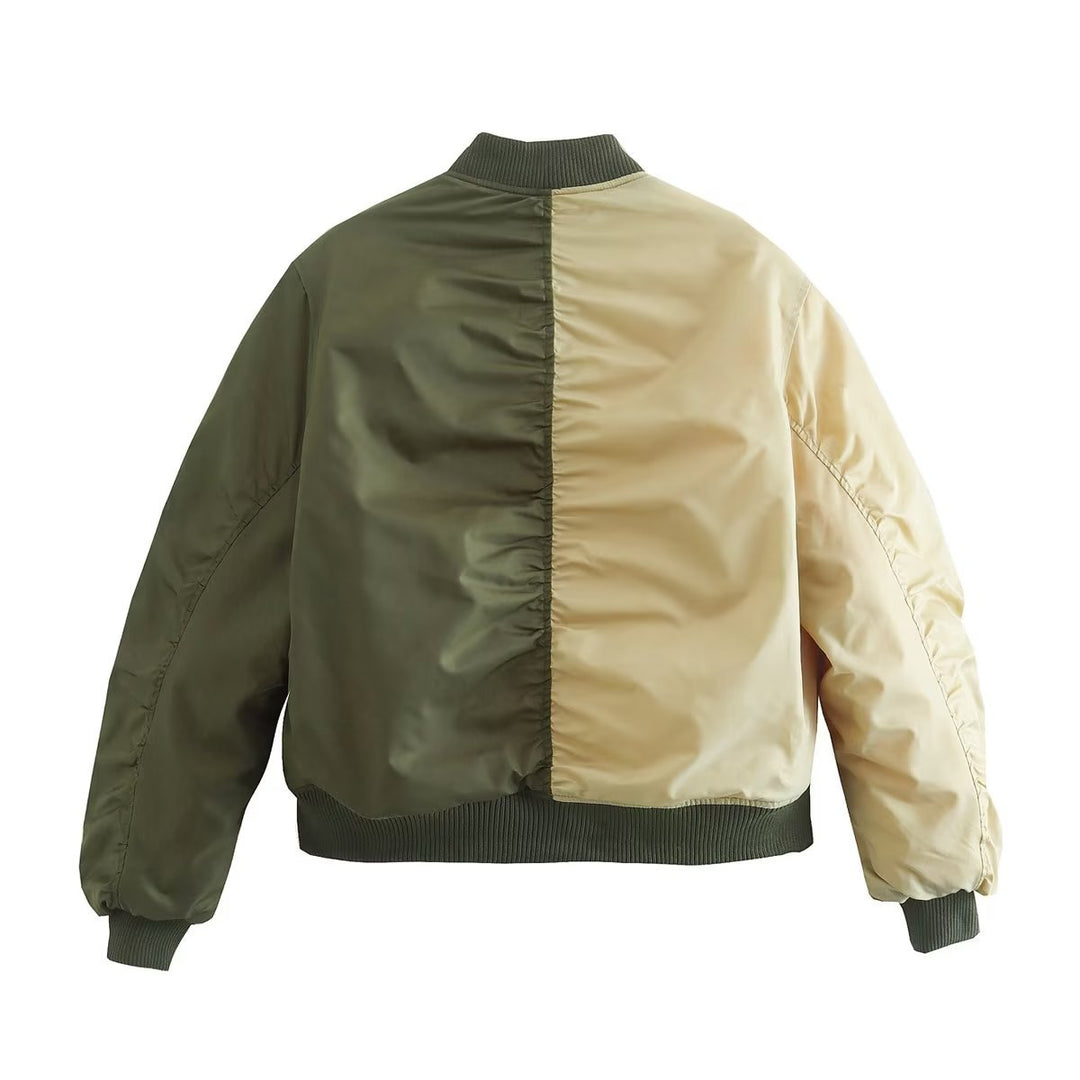 Trendy women's bomber jacket with a playful patchwork design and practical zip pockets Lune London