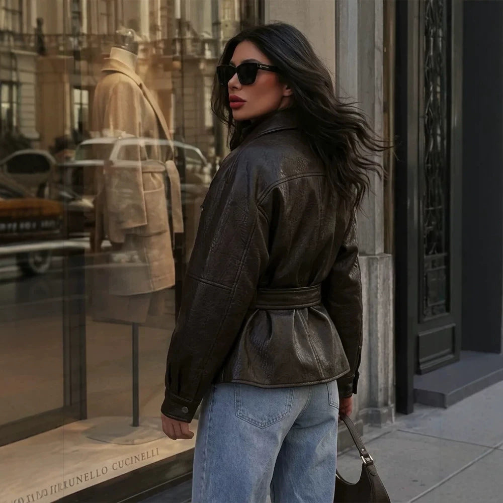 Ladies Tailored Faux Leather Biker Jacket with Ties and Drop Shoulder Amarae