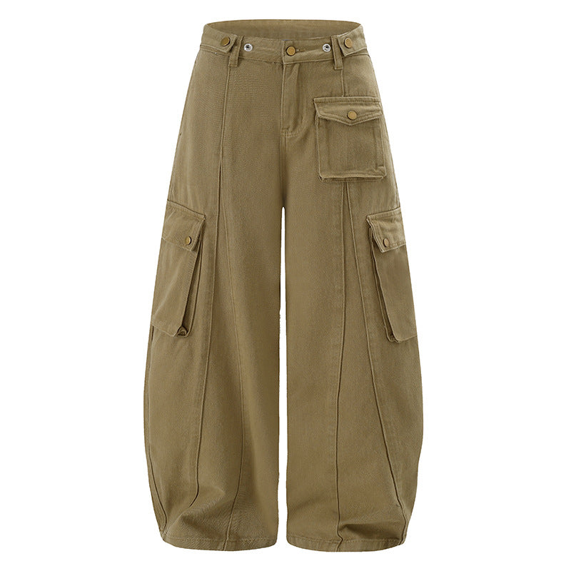 Women's Wide Cargo Palazzo Pants with High Waist, Balloon Hem, and Multiple Flap Pockets