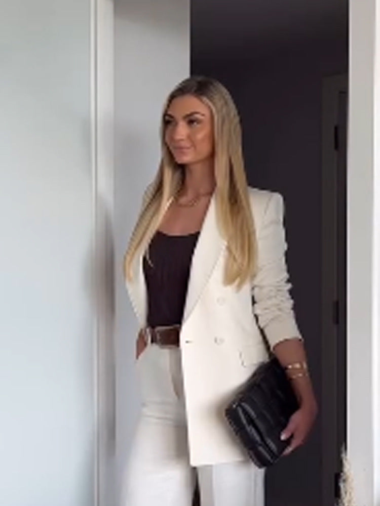 Women Fitted Double-Breasted Long Blazer with Light Shoulder Pads and Clean Lapels Amarae