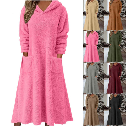 Comfortable polar dress for women with hood and practical pockets Amarae