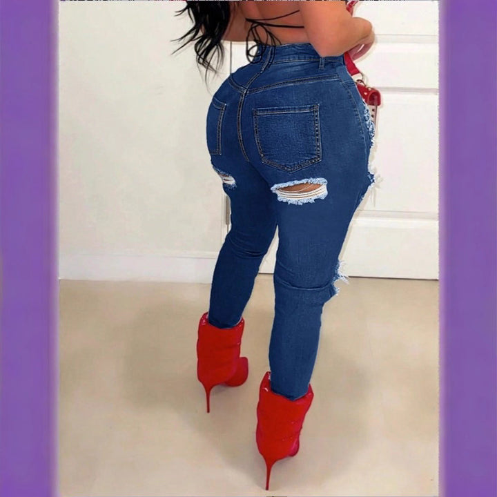 Ladies high-waisted skinny jeans with XXL knee cutouts, heavily distressed used look and sculpting cut Amarae