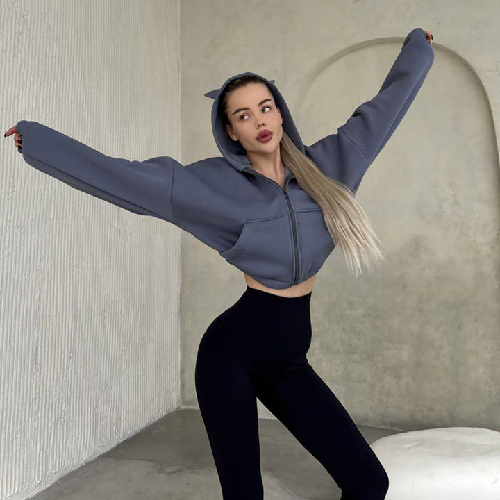 Cropped hooded jacket for women with a unique ears design Lune London