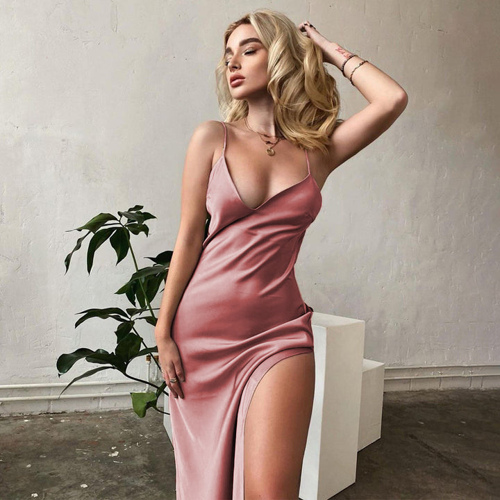 Elegant maxi dress for women with deep slit and delicate spaghetti straps Lune London