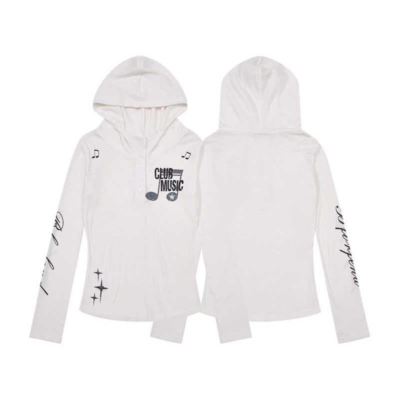 Women's Lightweight Long Sleeve Hoodie Henley Shirt with Button Placket, Hood and Music Print Amarae