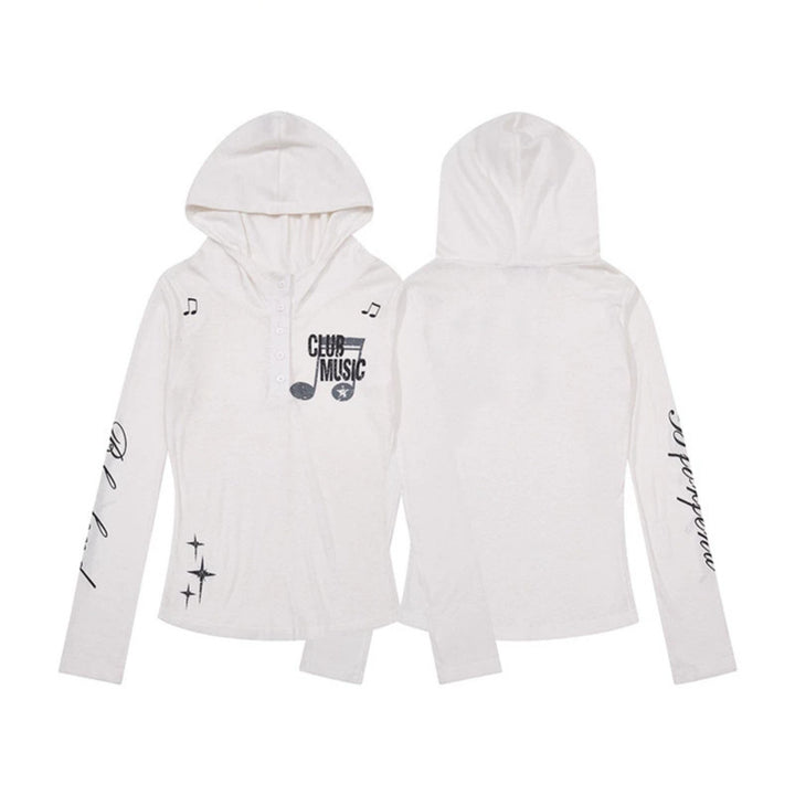 Women's Lightweight Long Sleeve Hoodie Henley Shirt with Button Placket, Hood and Music Print Amarae