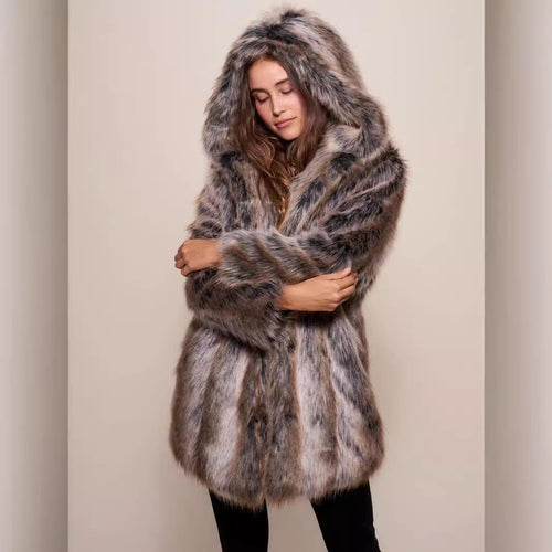 Ladies Luxurious Faux Fur Coat with Hood Amarae