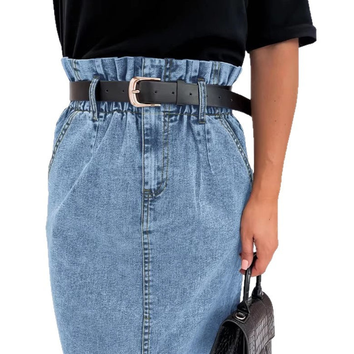 Women's High-Waisted Paperbag Denim Midi Skirt with Front Slit and Tied Belt Amarae