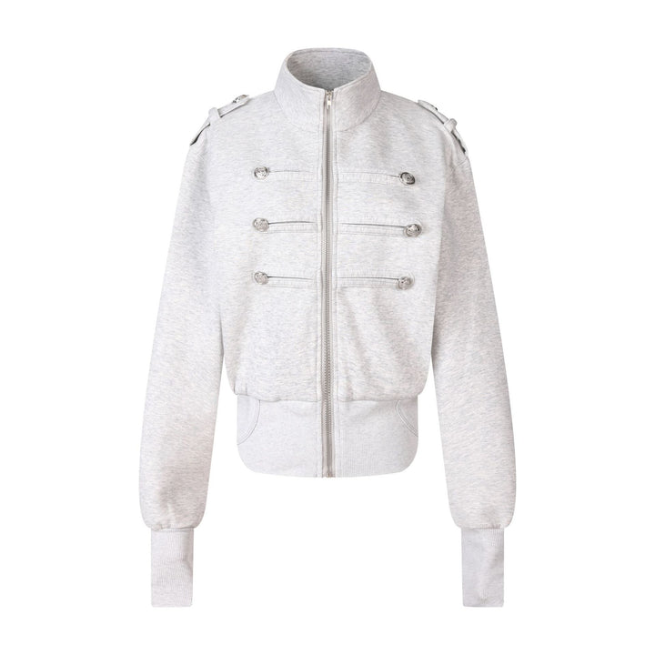 Women's Short Sweat Jacket in Military Style with Stand-Up Collar and Decorative Patches Amarae