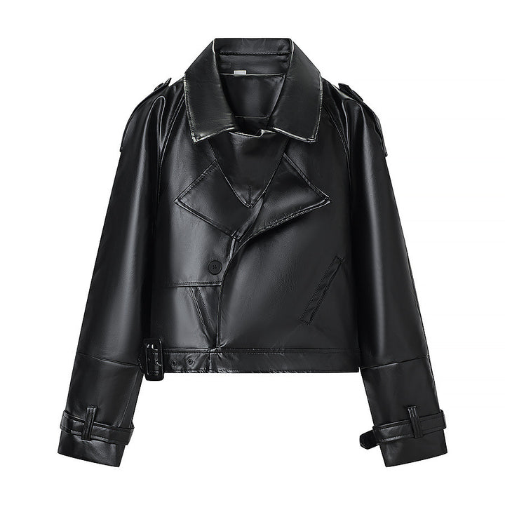 Veste en simili cuir pour femme au style biker moderne avec col asymétrique et ceinture à la taille Chic & Stil
