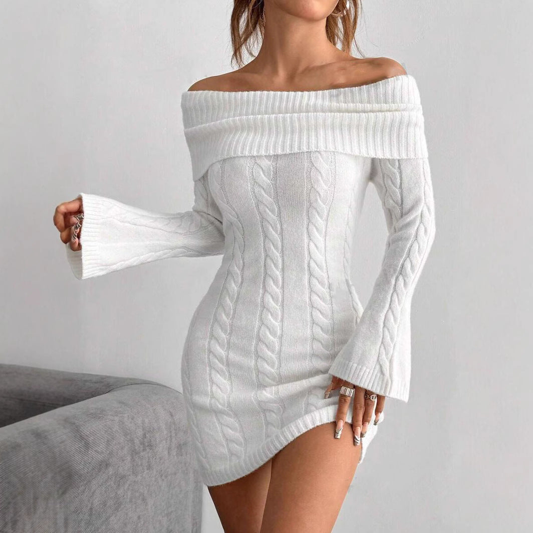 Women's Fitted Knitted Dress with Wide Neckline Lune London