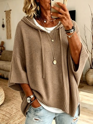 Ladies Oversized Knit Poncho with Hood, Batwing Sleeves and Side Slits Amarae