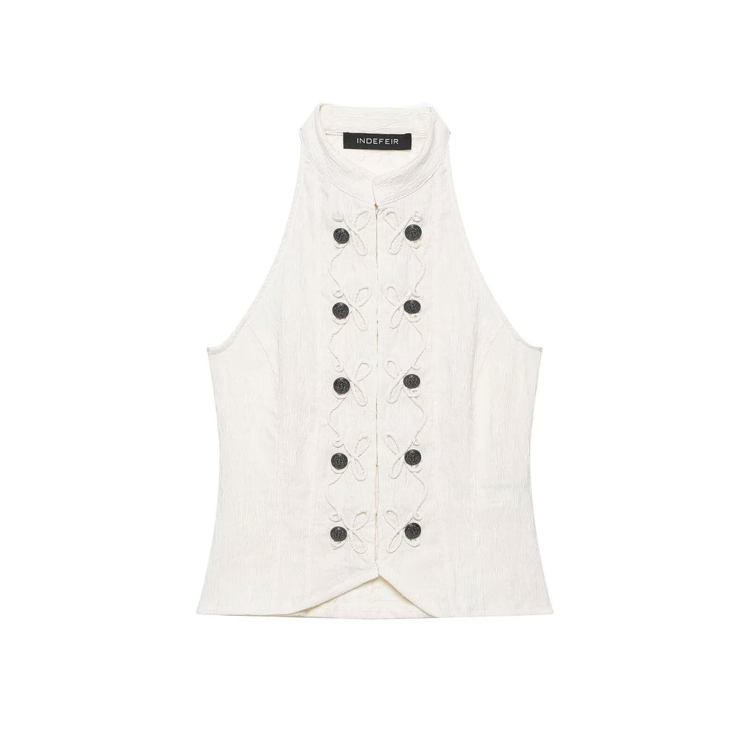 Women's Tailored Vest with Stand-Up Collar and Decorative Frog Closures Amarae