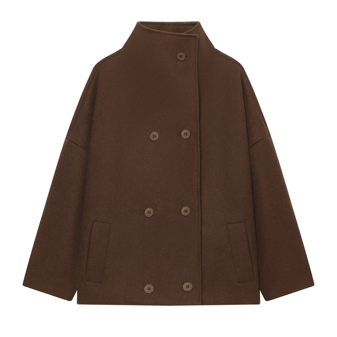 Women's Short Cape Coat made of Wool Blend with High Standing Collar and Double-Breasted Button Placket Amarae