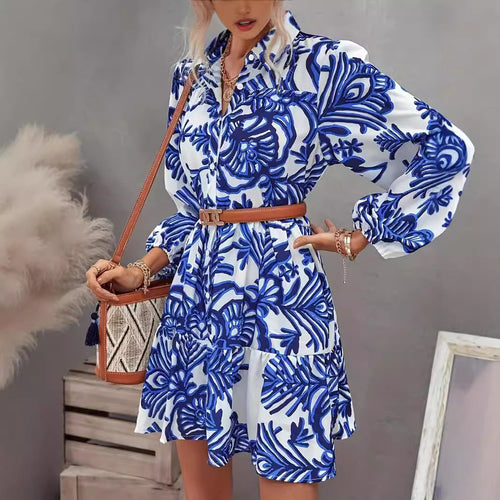 Shirt dress for women with voluminous skirt and floral pattern Amarae