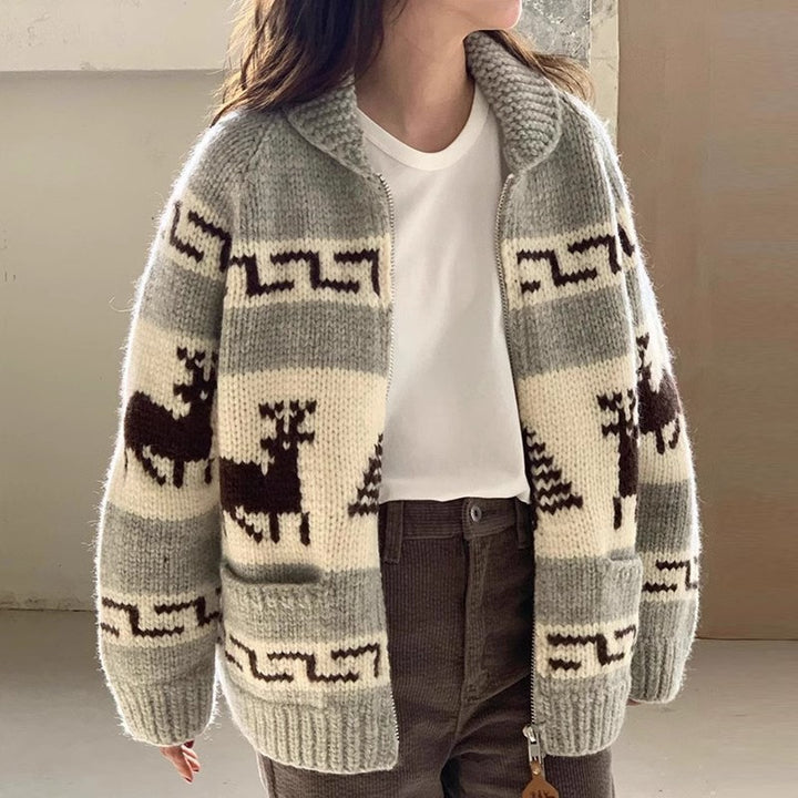 Ladies Comfortable Ribbed Zip Sweater with Festive Pattern Lune London