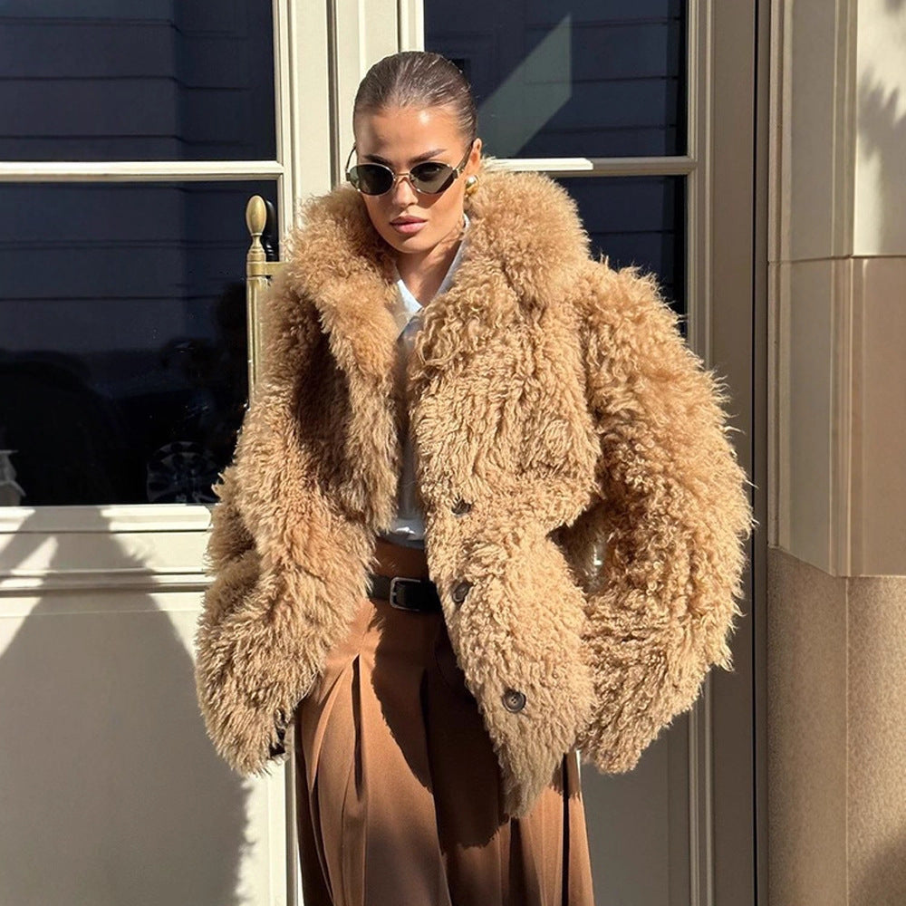 Women’s short coat made of voluminous bouclé faux fur with wrap and waist belt Amarae
