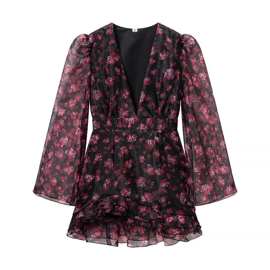 Women Chiffon Mini Dress with Deep V-Neck, Trumpet Sleeves and Ruffle Hem