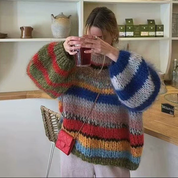 Women Oversize Knit Sweater in Mohair Look with Colorful Block Stripes Amarae