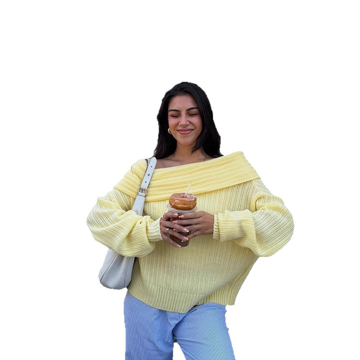 Women Off-Shoulder Ribbed Knit Sweater with Wide Folded Collar Amarae