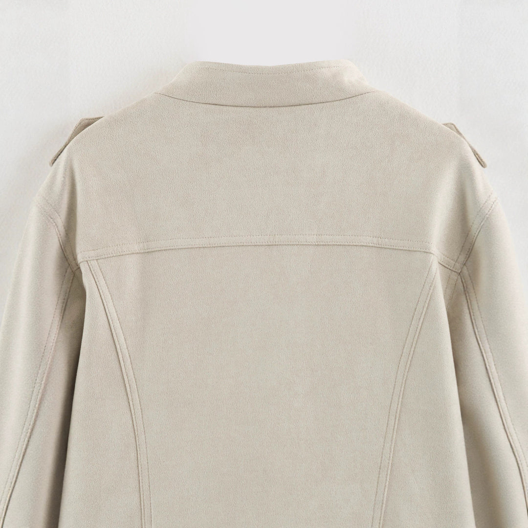 Women Short Military Jacket with Decorative Button Placket and Stand Collar Amarae