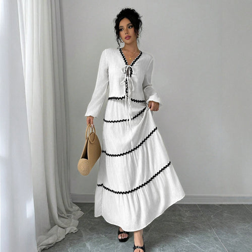 Maxi dress for women with elegant gathers and contrasting bias Amarae